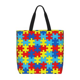 Generic Women Handbag Color Puzzle Autistic Disorder Pattern Women Tote Bag Waterproof Reusable Shopping Bags, For Christmas, Wedding, Swim, Holiday, Gym