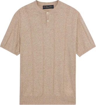 Brooks Brothers Flat Rib Katoen-Linnen Henley T-Shirt - Heren - Ronde hals truien - Beige - M - Katoen - Truien & Vesten