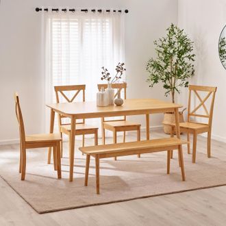 Furniturebox Lynton Large Oak Effect Wooden Dining Table with 4 Millford Chairs & Bench in Light Oak