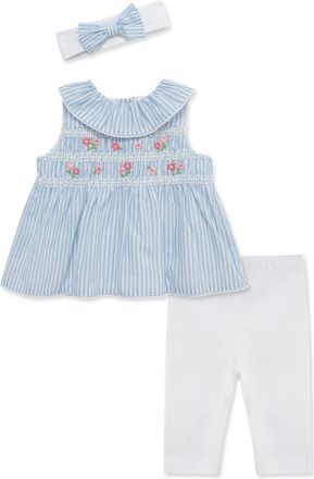 Little Me Floral Smocked Tunic, Leggings & Headband Set in Blue/White at Nordstrom, Size 12M