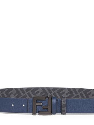 Fendi Mens Belt Squared Ff Reversible Leather-Canvas Blue Calf Leather