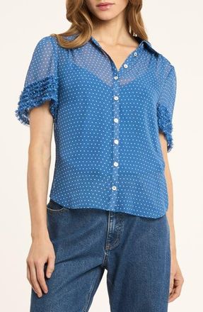 Cinq &agrave; Sept Galea Polka Dot Sheer Button-Up Top in Twilight Bay/Ivory at Nordstrom, Size Xx-Small
