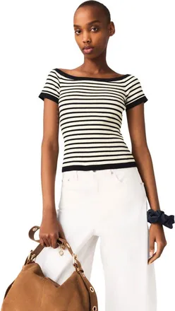 Maje Rib knit top with boat neck in Navy/ecru at Nordstrom, Size Medium
