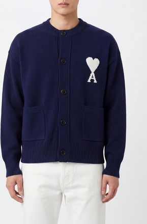 Ami Cardigan in misto lana e cotone con logo jacquard a contrasto