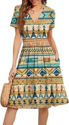 Generic Dresses for Women Clearance, Womens Sundress Summer Floral Short Sleeve Wrap V Neck A-Line Empire Waist Midi Dress with Pockets 30th Birthday Gifts fo