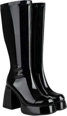 Generic Womens Knee High Patent Leather Boots Square Toe Thick Heel Side Zipper Long Boot