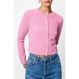 French Connection Tinsel Metallic Fuzzy Cardigan in Taffy Pink at Nordstrom, Size Large