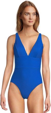 Tommy Bahama Ocean Point Over-the-Shoulder V-Neck One-Piece Womens Swimsuits One Piece Beach Glass Blue : 16, Mesh/Nylon/Spandex