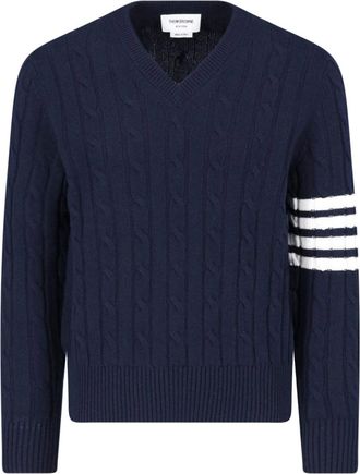 Thom Browne Blue 4-Bar Cable-Knit Cashmere V-Neck Sweater