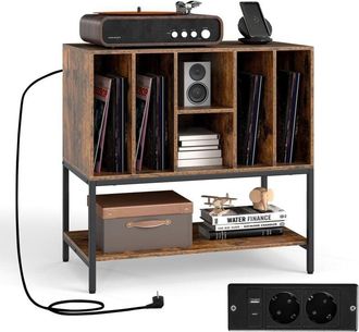 Costway Supporto per Giradischi con Stazione di Ricarica, Credenza per Giradischi con Spazio per Album, Tavolino Porta-Vinili con Scaffali per CD per