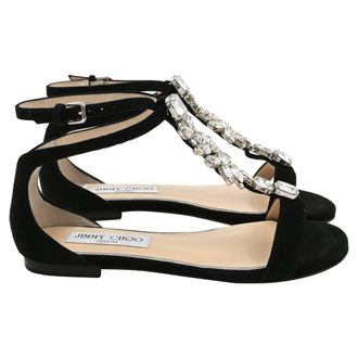Jimmy Choo London Averie Embellished T-Strap Sandals in Black Suede