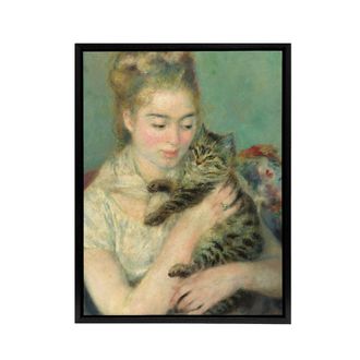 Artery8 Woman with a Cat Renoir Vintage Black Framed Canvas Wall Art in Green | Size: W24 x H32