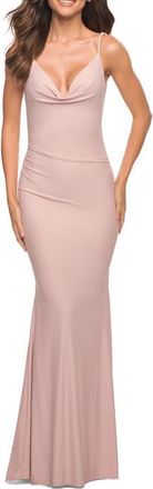 La Femme Soft Jersey Ruched Dress with Draped Neckline in Mauve at Nordstrom, Size 12