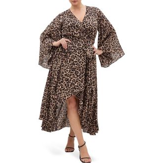 City Chic Eva Long Sleeve Wrap Maxi Dress in Leopard at Nordstrom, Size Xxxs