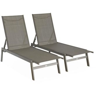 Sweeek Set of 2 multi-position deckchairs, textilene and steel, Flora, Brown, 155x59x106 cm