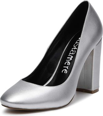 Castamere Womens High Heels Chunky Block Heel Pumps Classic Closed Round Toe Wedding Party Dress Office Shoes 4IN PU Silver Pumps EU 39.5