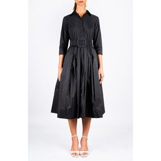 Samantha Sung Silk Pleated Midi Audrey Shirtdress in Black at Nordstrom, Size 10