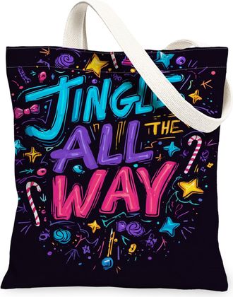 Generic Candy Pattern Canvas Tote Bags, Jingle All the Way Reusable Grocery Bags, Lightweight Washable Shoulder Strap for Shopping, Black, 13x15 Inch