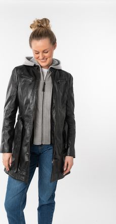 Mauritius BENTE2 mit G&uuml;rtel, lange Lederjacke mit G&uuml;rtel & abnehmbarem Kapuzen-Inlay