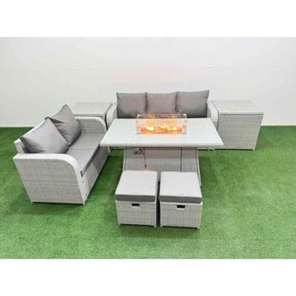 Fimous 7 Seater pe Rattan Wicker Garden Furniture Patio Conservatory Sofa Set with Firepit Dining Table 3 Seater Sofa Love Sofa 2 Big Footstool 2 Side Table