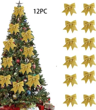 OEM Lazo Navide&ntilde;o De 12 Piezas, Decoraci&oacute;n Para &Aacute;rbol De Navidad, 12 X 11 Cm, Corona Roja, Lazo Brillante, &Aacute;rboles De Navidad, Dorado