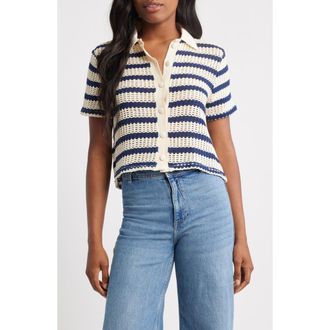 Mango Miffy Stripe Open Stitch Polo Sweater in Navy/Ivory at Nordstrom Rack, Size 6