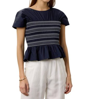 Peter Som Ruffle Smocked Short Sleeve Blouse In Navy