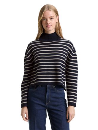 Tom Tailor Denim Strickpullover TOM TAILOR DENIM, Damen, Gr. XXL, navy cloud grau stripe, Strick, Obermaterial: 60% Baumwolle, 40% Polyacryl, gestreift, normal taillen