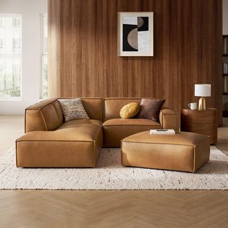 Castlery Brown Top Grain Leather Left Side Chaise Sectional with Ottoman | Jonathan by Castlery