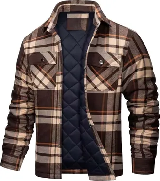 Generic Mens Plaid Quilted Jackets Flannel Padded Puffer Shirt Loose Casual Checked Lumberjack Winter Warm Thicken Coats with Pockets Long Sleeve Lapel Button