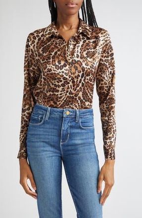 L'agence Tyler Leopard Print Silk Button-Up Shirt in Cinnamon at Nordstrom Rack, Size Medium