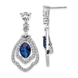 Diamond2Deal Sterling Silver Rhodium-plated Lab Created Dark Blue Spinel and White CZ Dangle Earrings