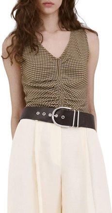 Mango Micro Check Ruched Cotton Blend Top in Khaki at Nordstrom, Size X-Small