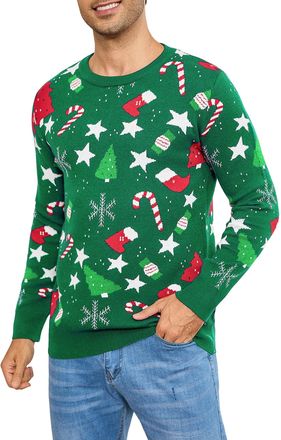 iClosam Mens Christmas Jumpers Long Sleeve Pullover Crew Neck Ugly Funny Novelty Snowman Stars Knitwear Top Green