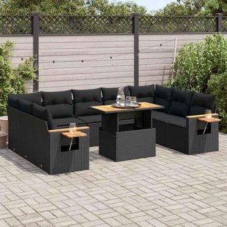 vidaXL Set Sof&aacute;s Jard&iacute;n Y Cojines 10 Pzas Rat&aacute;n Sint&eacute;tico Acacia Negro Vidaxl