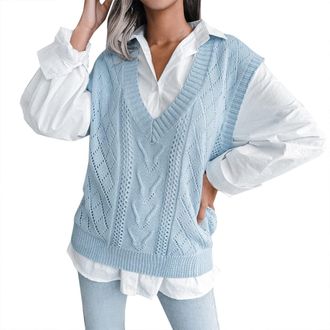 Generic Ladies V Neck Jumpers Light Blue Womens Sleeveless Jumpers UK Lightweight Breathe-Crochet Jumper for Women UK Soft Comfort Sweaters for Women UK Plus 