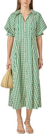 English Factory Gingham Puff Sleeve Midi Shirtdress in Green at Nordstrom, Size Medium