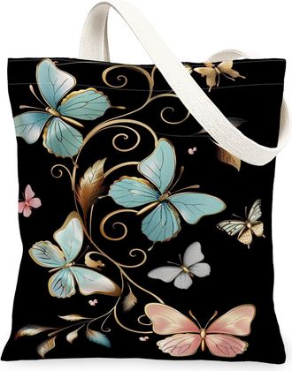 Generic Vintage Elegant Butterfly Canvas Tote Bags, Decorative Insect Pattern Reusable Grocery Bags, Lightweight Washable Shoulder, Black, 13x15 Inch
