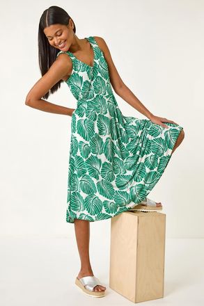 Roman Leaf Print V-Neck Stretch Midi Dress