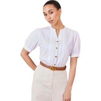 Yumi Cotton Pleated Short Sleeve Shirt in White at Nordstrom, Size 10