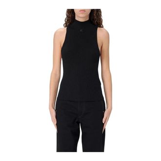 Courrèges Sleeveless Tops, female, Black, L, Black Ribbed Sleeveless Top