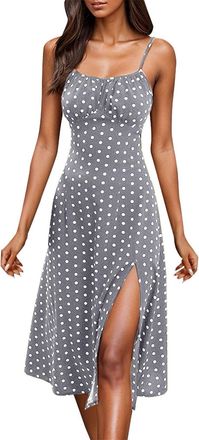 Generic Spaghetti Strap Dresses for Women UK, Midi Dresses Slim Fitted Dress Sexy Low-Cut Cami Dress High Side Split Tank Sundresses Solid Color Polka Dot Sun