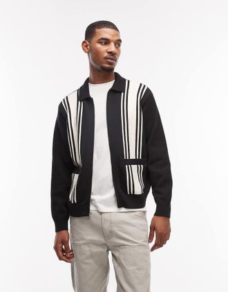 Obey Maglione nero opaco a righe con zip