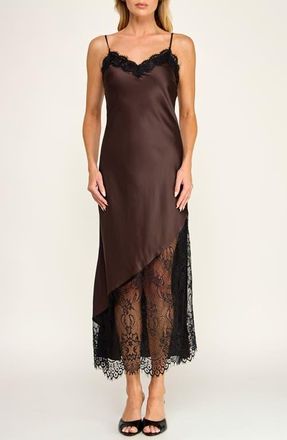 Socialite Lace Trim Satin Midi Slipdress in Brown Black at Nordstrom, Size X-Large