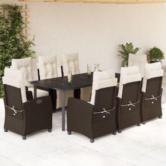 vidaXL Set Comedor Para Jard&iacute;n 9 Pzas Y Cojines Rat&aacute;n Sint&eacute;tico Marr&oacute;n Vidaxl