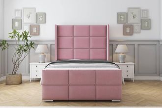 Sloomy Beaumont Plush Frame-Mattress-50 Upholstered Wingback Headboard in Pink | Size: Small Double