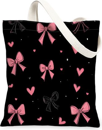 Generic Elegant Black Canvas Tote Bags, Playful Bow Pattern Reusable Grocery Bags, Lightweight Washable Shoulder Strap Tote for Shopping Travel Beach 13x15 In