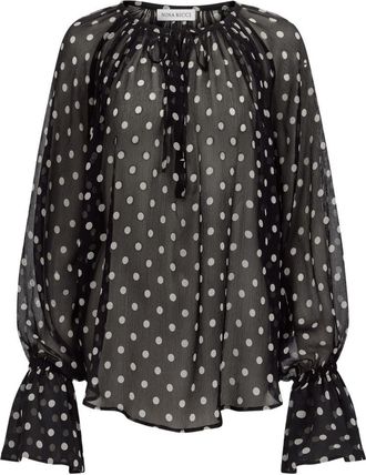 Nina Ricci Sheer Black Blouse with Polka Dot Pattern and Flared Cuffs