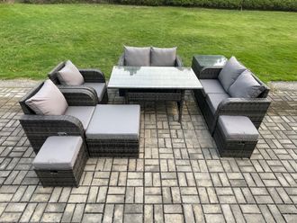 Fimous Outdoor Rattan Garden Furniture 9 piece Grey Patio Furniture Set 9 Seater Lounge Sofa Set with Rectangular Table in Dark Grey