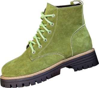 Generic Ankle Boots for Women UK Thick Mid Heel Lace Up Buckle Round Toe Platform Ankle Booties Solid Versatile Comfortable Combat Boots(C-Fluorescent Green,1